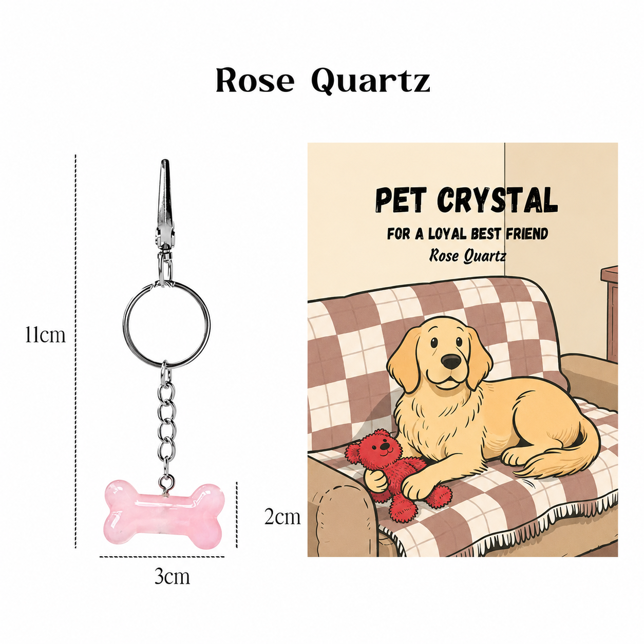 Pet crystal keychain with dimensions and a cartoon dog on a checkered couch holding a red heart.
