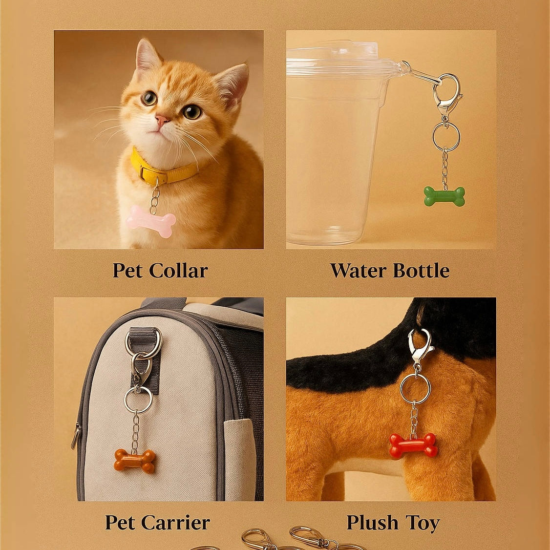 Collage of pet accessories including a pet collar, water bottle, pet carrier, and plush toy on a beige background.