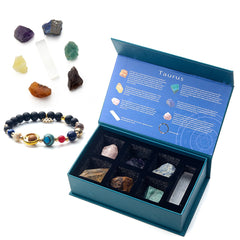 zodiac crystal set featuring natural stones, bracelet, and selenite wand for symbolic use