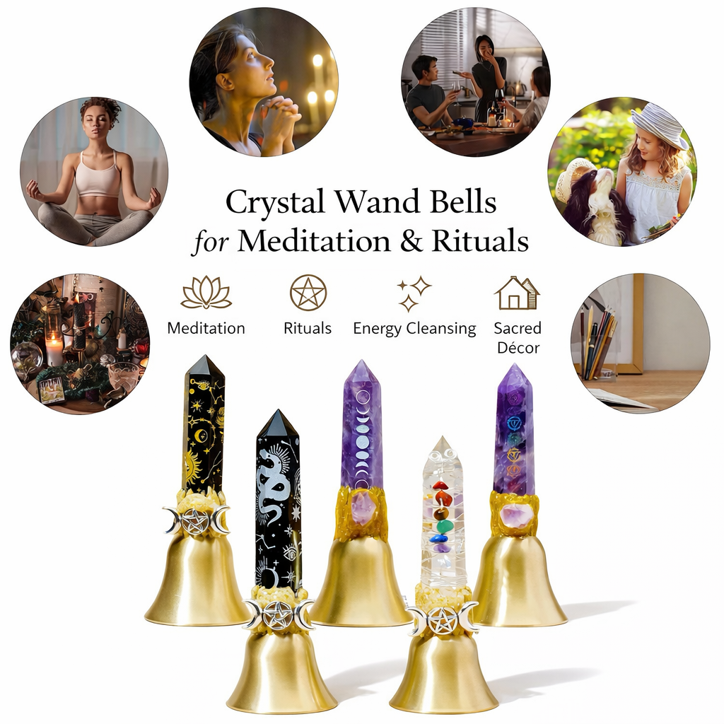 Collection of crystal point ritual bells with brass bases, featuring black celestial crystal point, amethyst moon phase crystal point, clear chakra-style crystal point, and amethyst symbolic pattern crystal point, displayed for meditation, rituals, energy cleansing, and sacred decor.