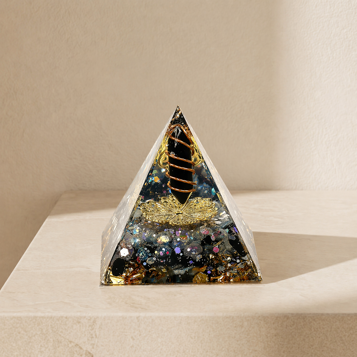 Protection and energy shield orgonite pyramid with obsidian point, labradorite chips, copper coil and gold details on a neutral background