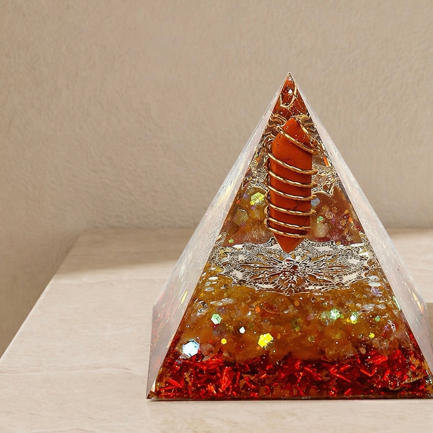 Close-up of a vitality and courage orgonite pyramid with red jasper point, citrine chips and copper coil details