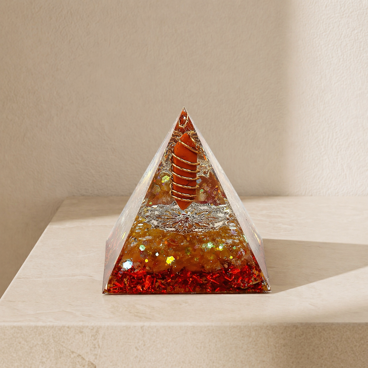 Vitality and courage orgonite pyramid with red jasper point, citrine chips, copper coil and red foil on a neutral background