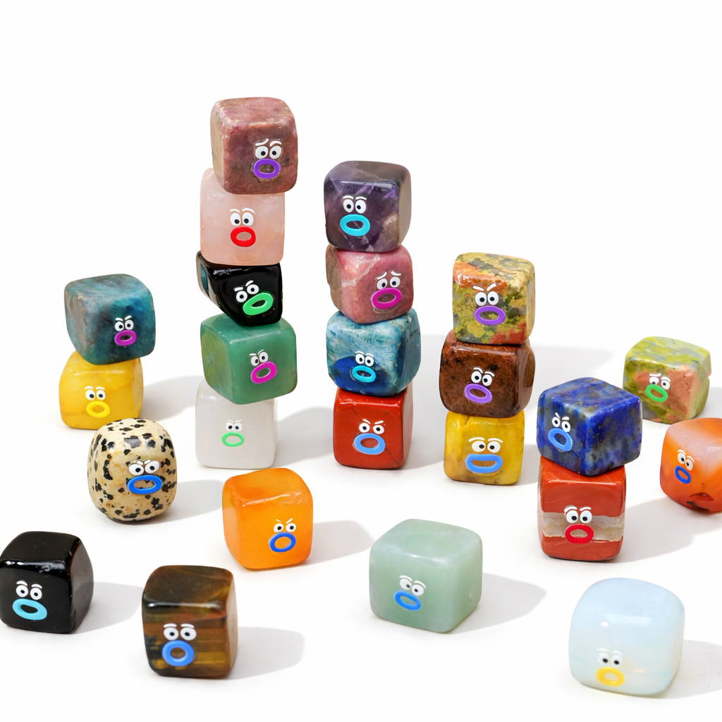 Cute natural crystal cube desk companions arranged together, colorful crystal pets for stress relief and emotional comfort