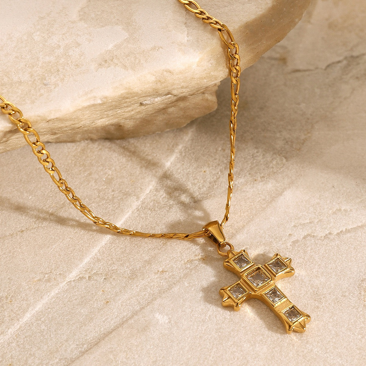 gold cross necklace with clear zircon stones