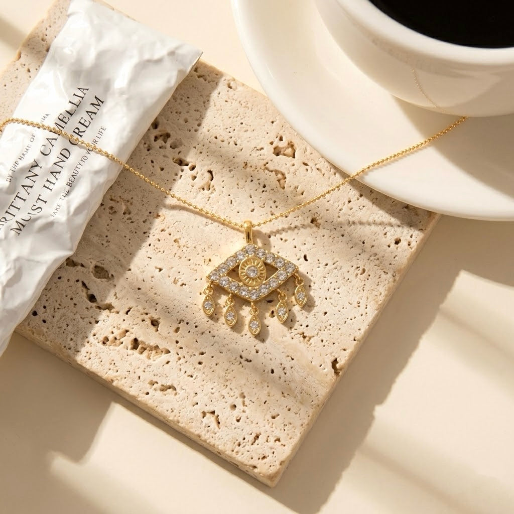 Protective evil eye necklace designed to bring strength, clarity and positive energy