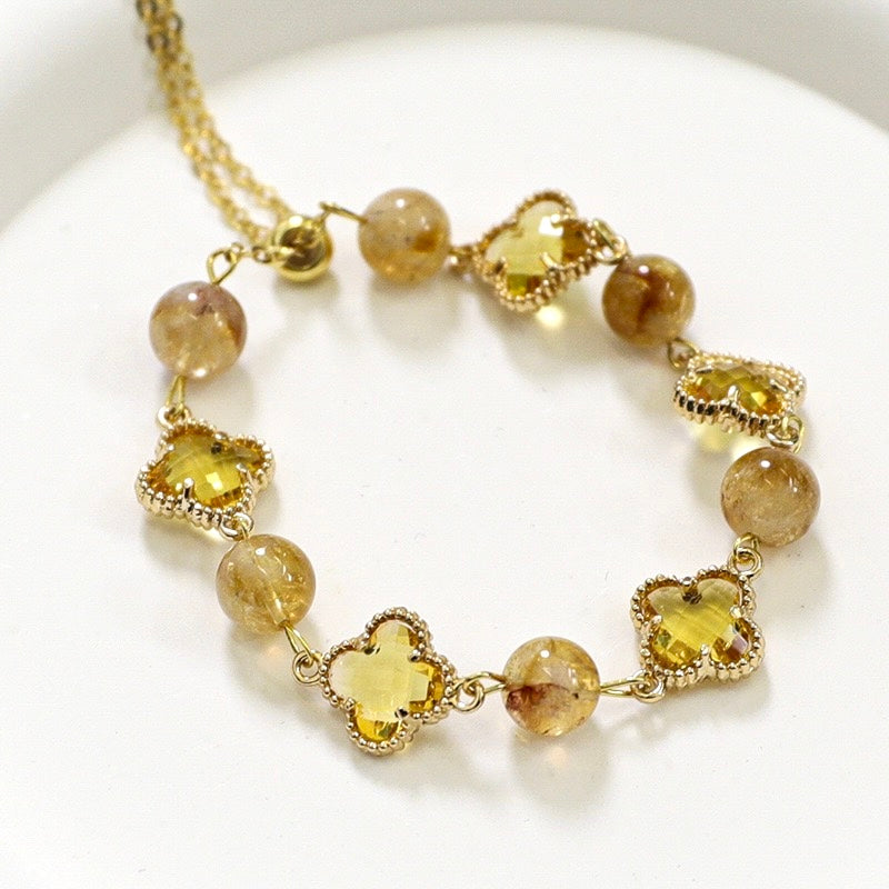 handmade citrine clover bracelet with gold chain for prosperity and success