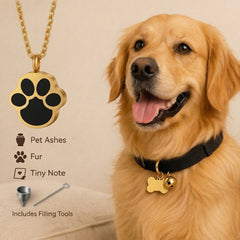 gold paw print cremation necklace poster with golden retriever, memorial keepsake for pet ashes, fur, or tiny note