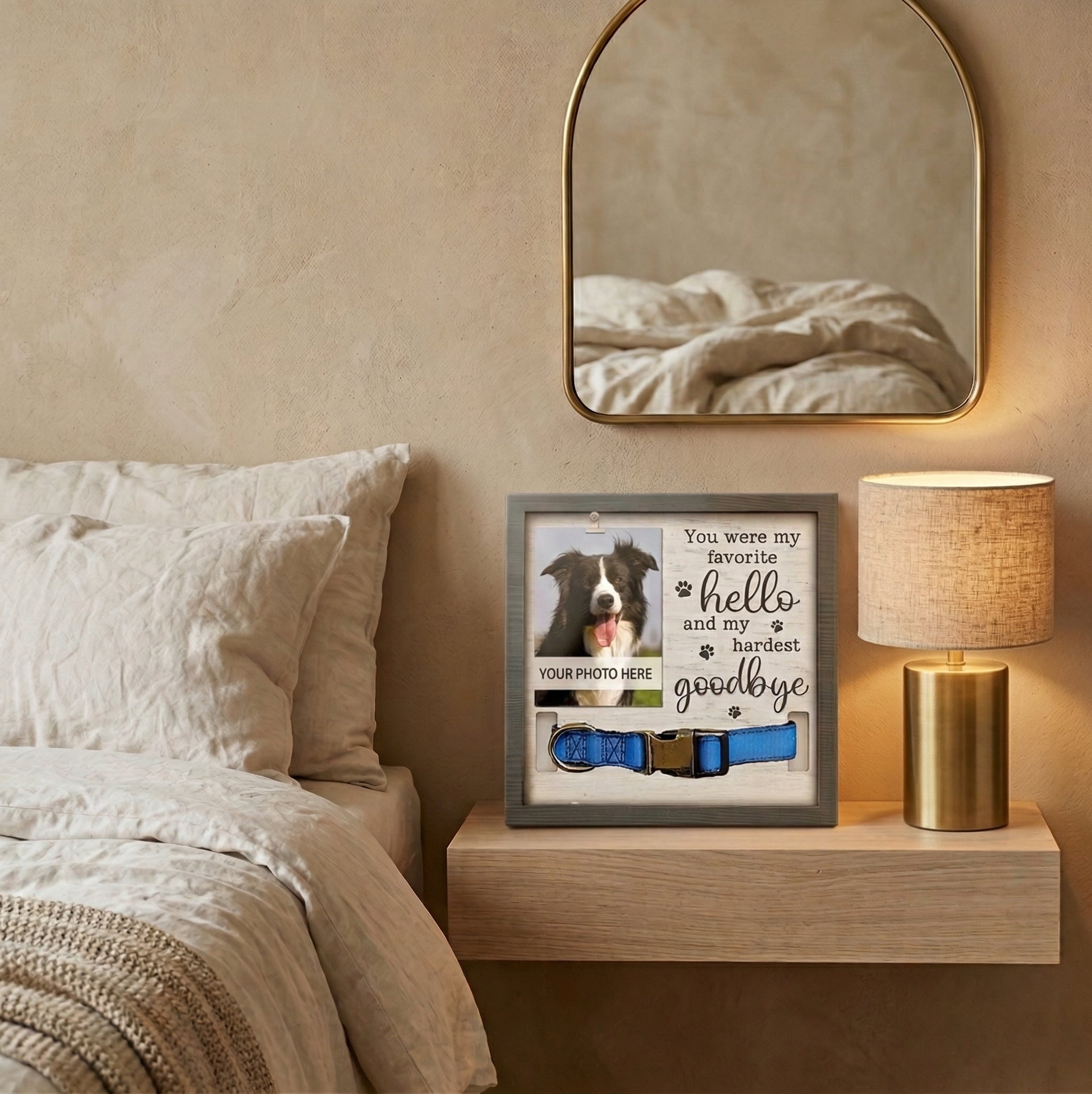 pet memorial frame with photo and collar display styled on a bedside table in a cozy bedroom
