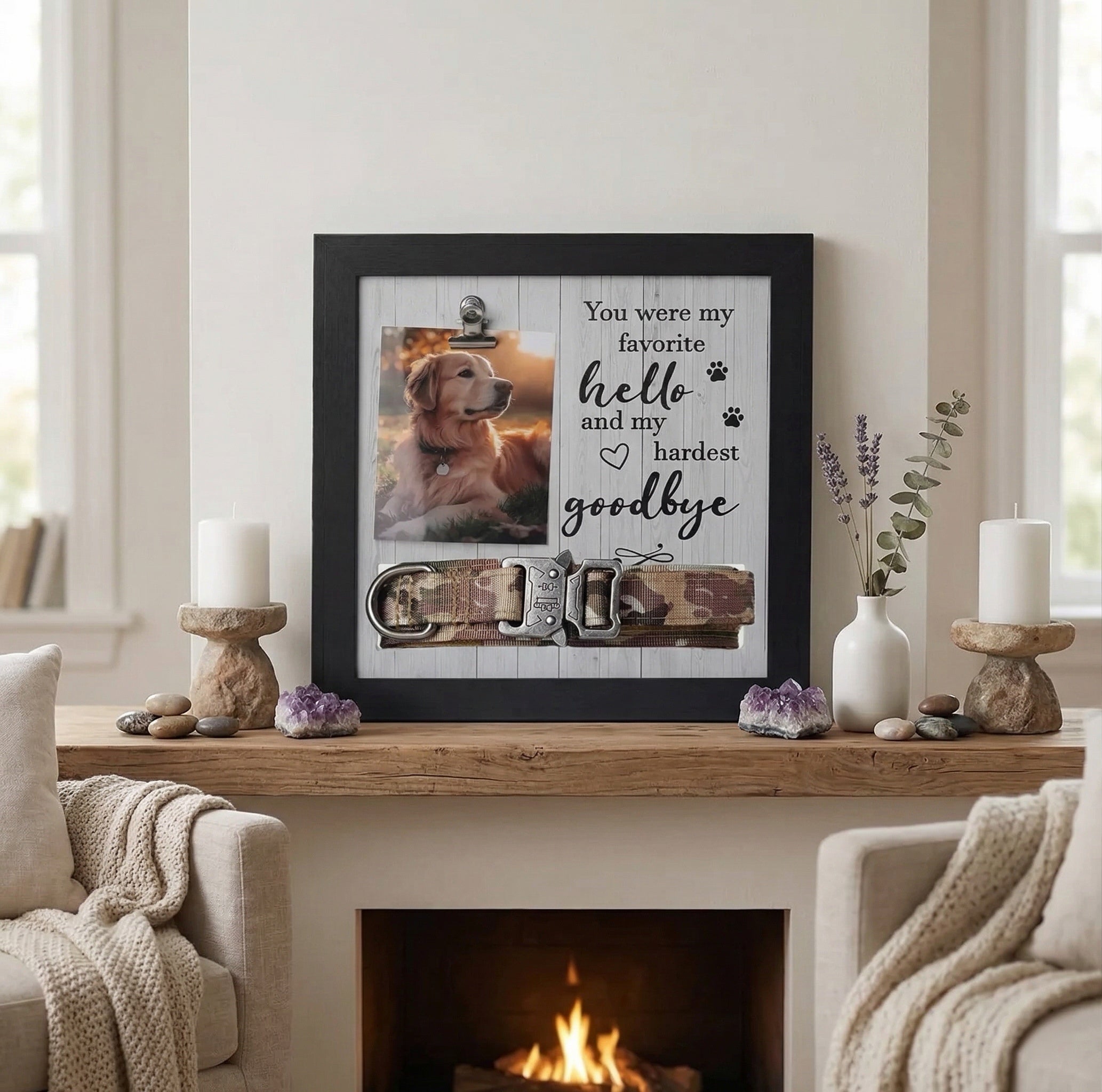 pet memorial picture frame with dog photo and collar displayed on a mantel as remembrance home decor
