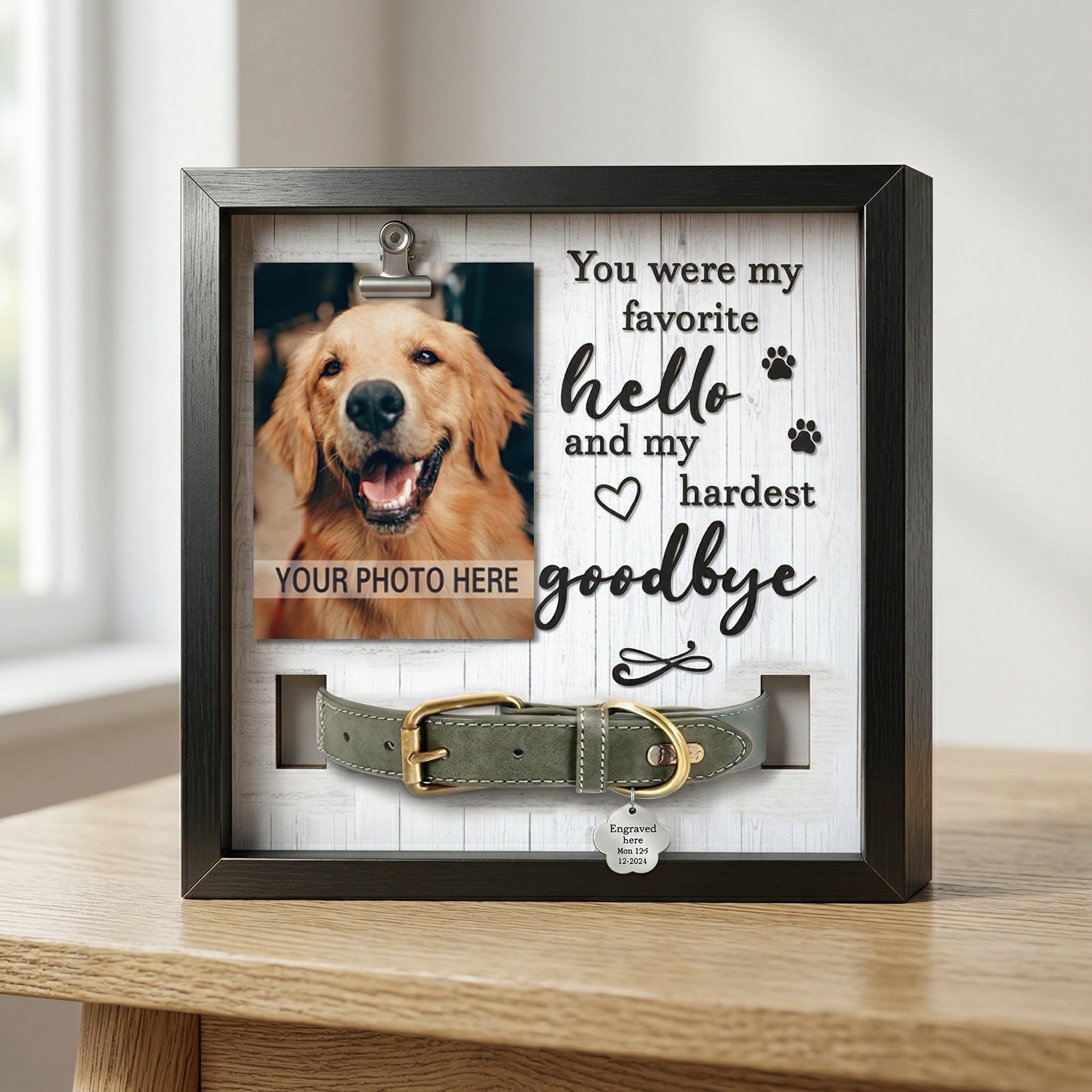 wooden pet memorial frame with photo display and collar holder on a table for dog remembrance