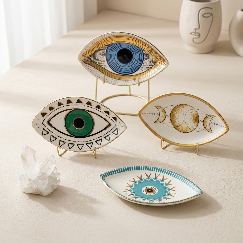 symbolic ceramic tray collection featuring evil eye and moon phase designs