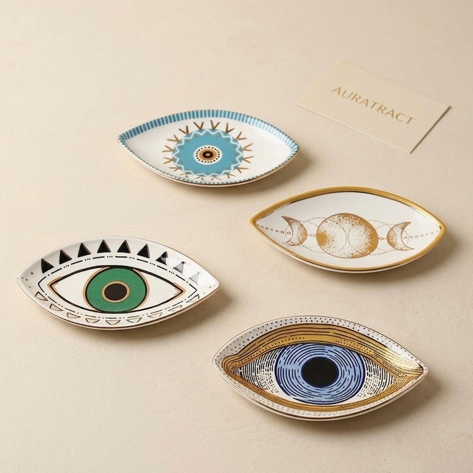 celestial ceramic tray collection featuring moon phase and evil eye designs