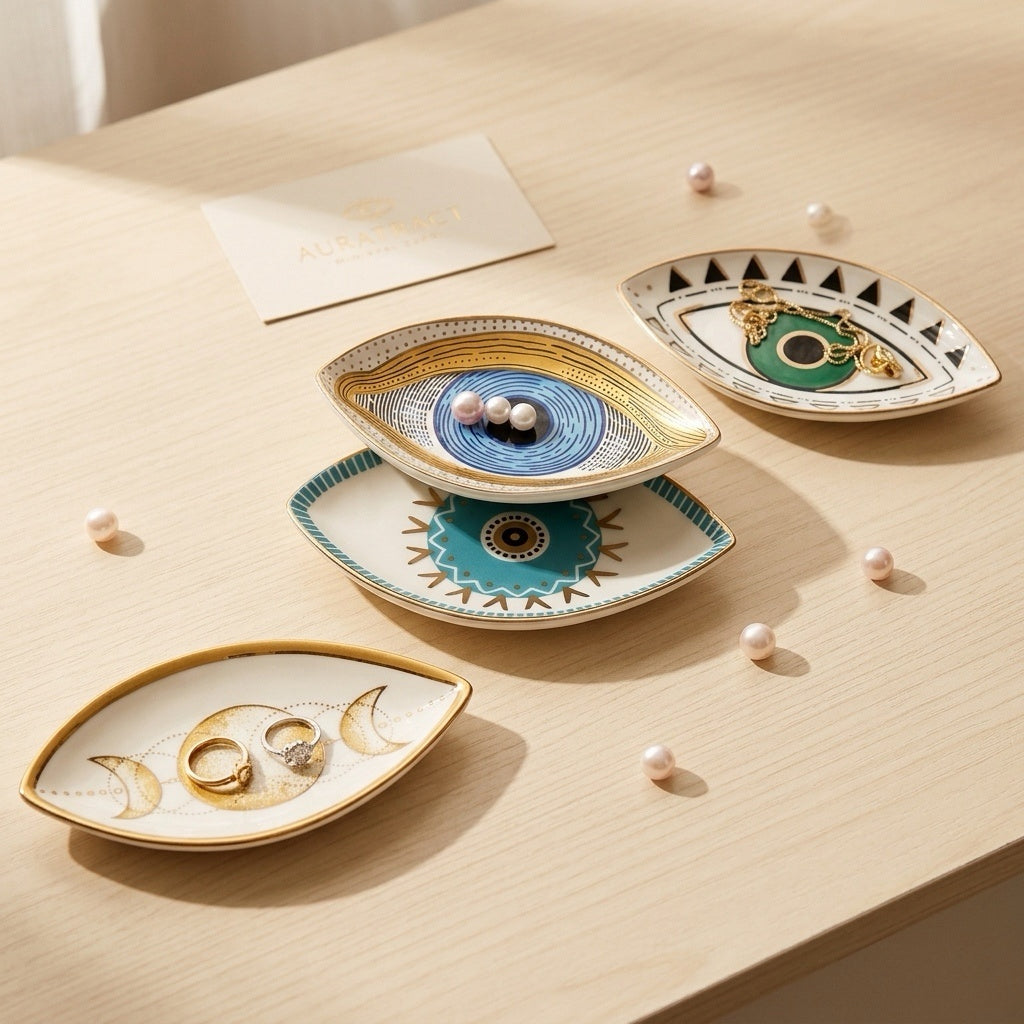 celestial ceramic trays styled with jewelry for decorative and ritual display