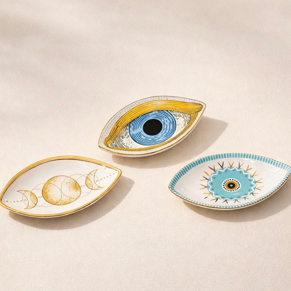 celestial ceramic tray trio featuring moon phase evil eye and symbolic sun motifs