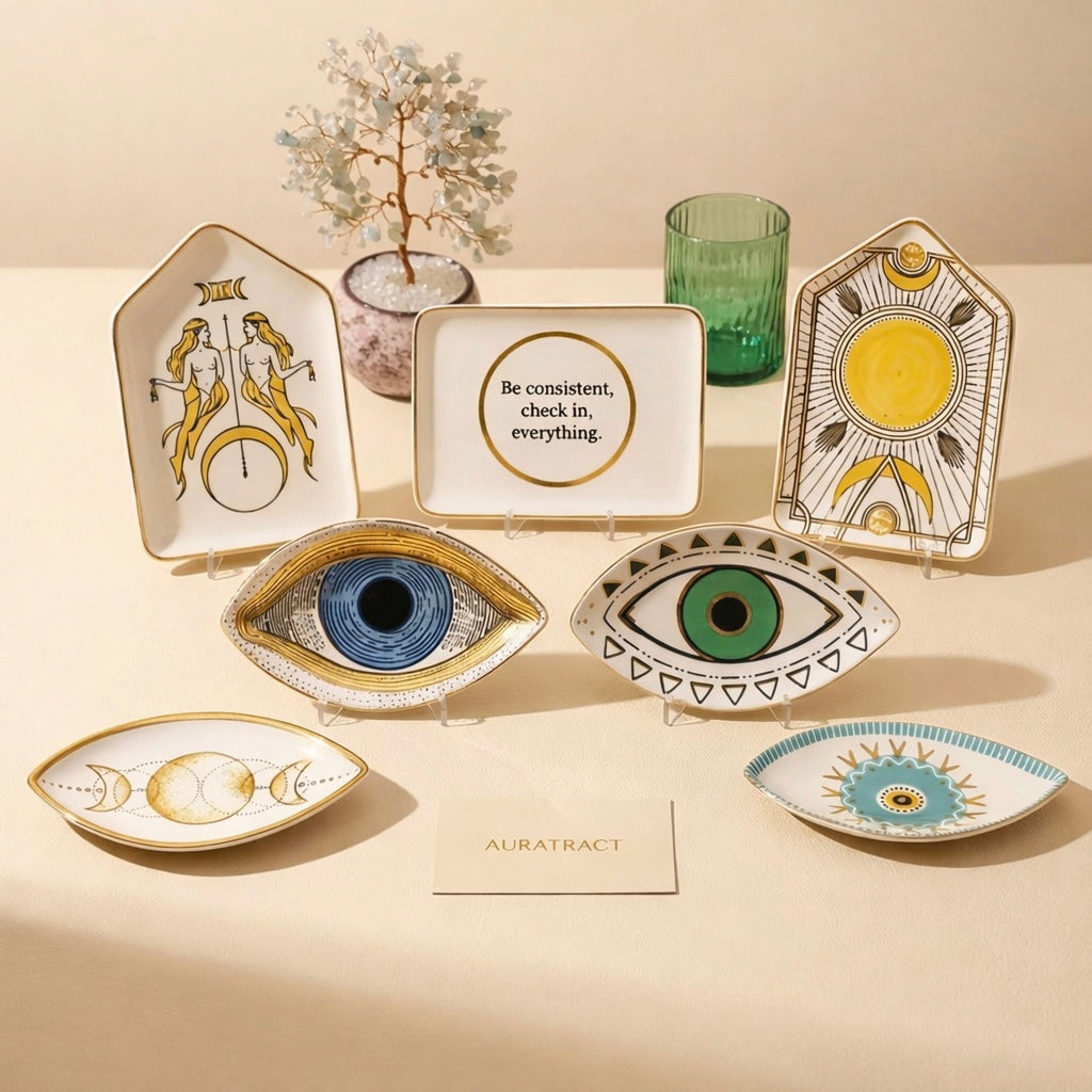 symbolic ceramic tray collection featuring moon phase and evil eye designs