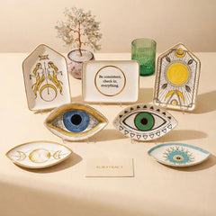 symbolic ceramic tray collection featuring moon phase and evil eye designs