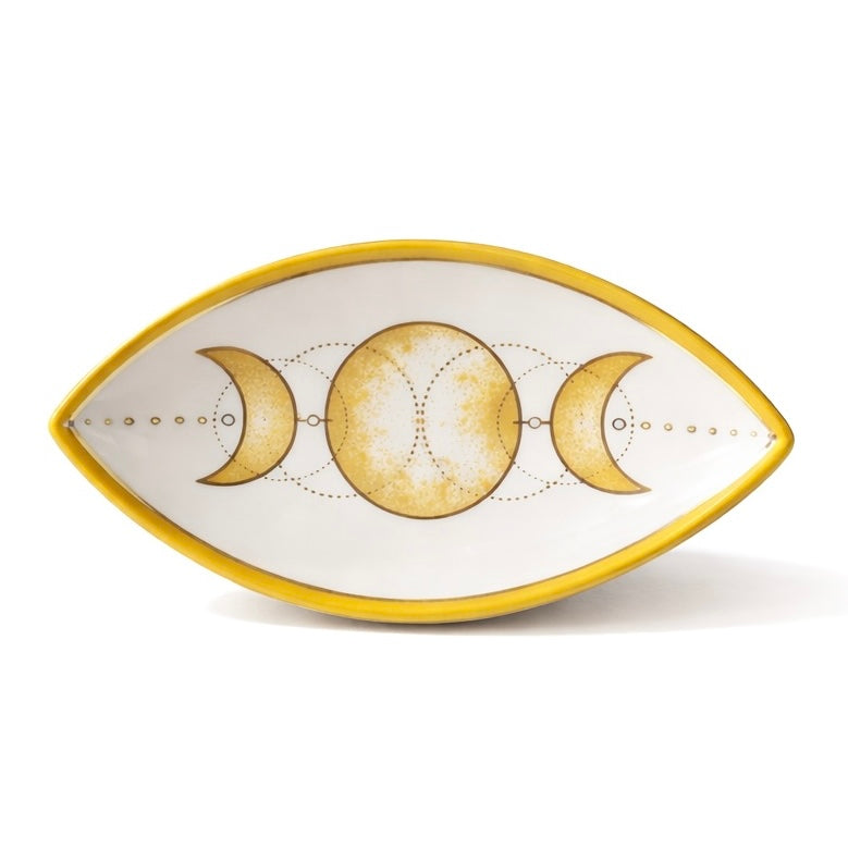 Triple Moon ceramic ritual tray for crystals and sage, spiritual eye shaped jewelry dish with gold crescent moon symbols.
