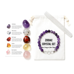 Zodiac crystal set with bracelet and crystals on a white background