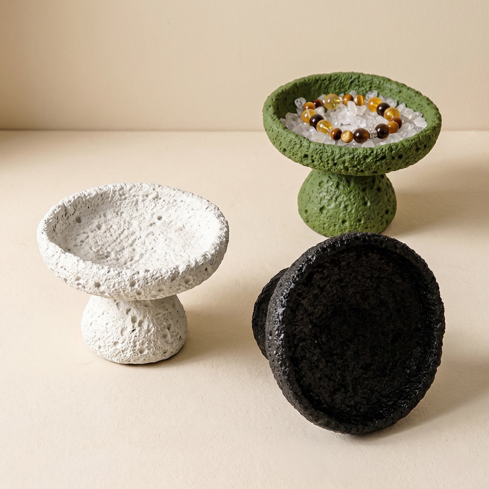 textured cement crystal cleansing bowls in nordic style displayed in multiple colors