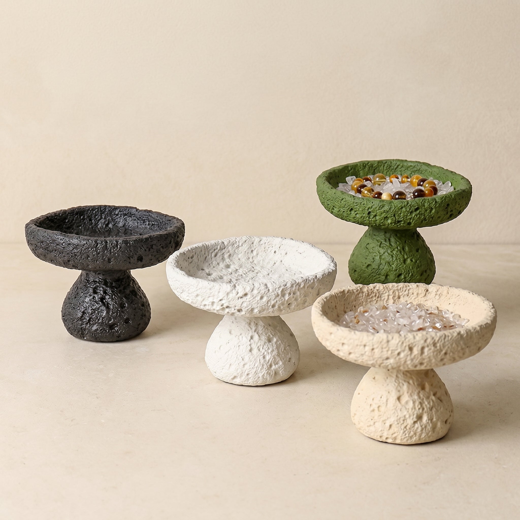 nordic crystal cleansing bowl collection in four textured cement colors for spiritual home decor