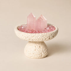 Beige Nordic crystal cleansing bowl with rose quartz and cleansing stones for jewelry rituals