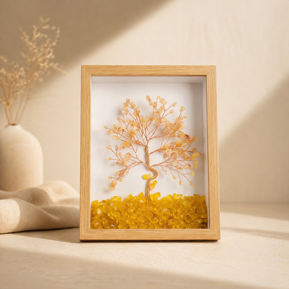 Crystal tree of life frame decor with yellow gemstone tree and crystal chip base for abundance and harmony