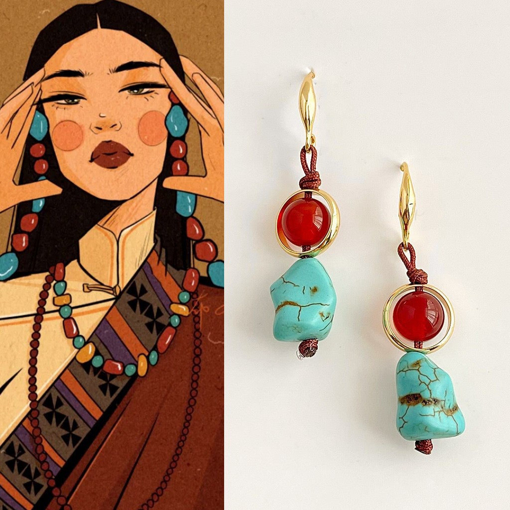 red agate and turquoise earrings inspired by highland women and bold boho spiritual style