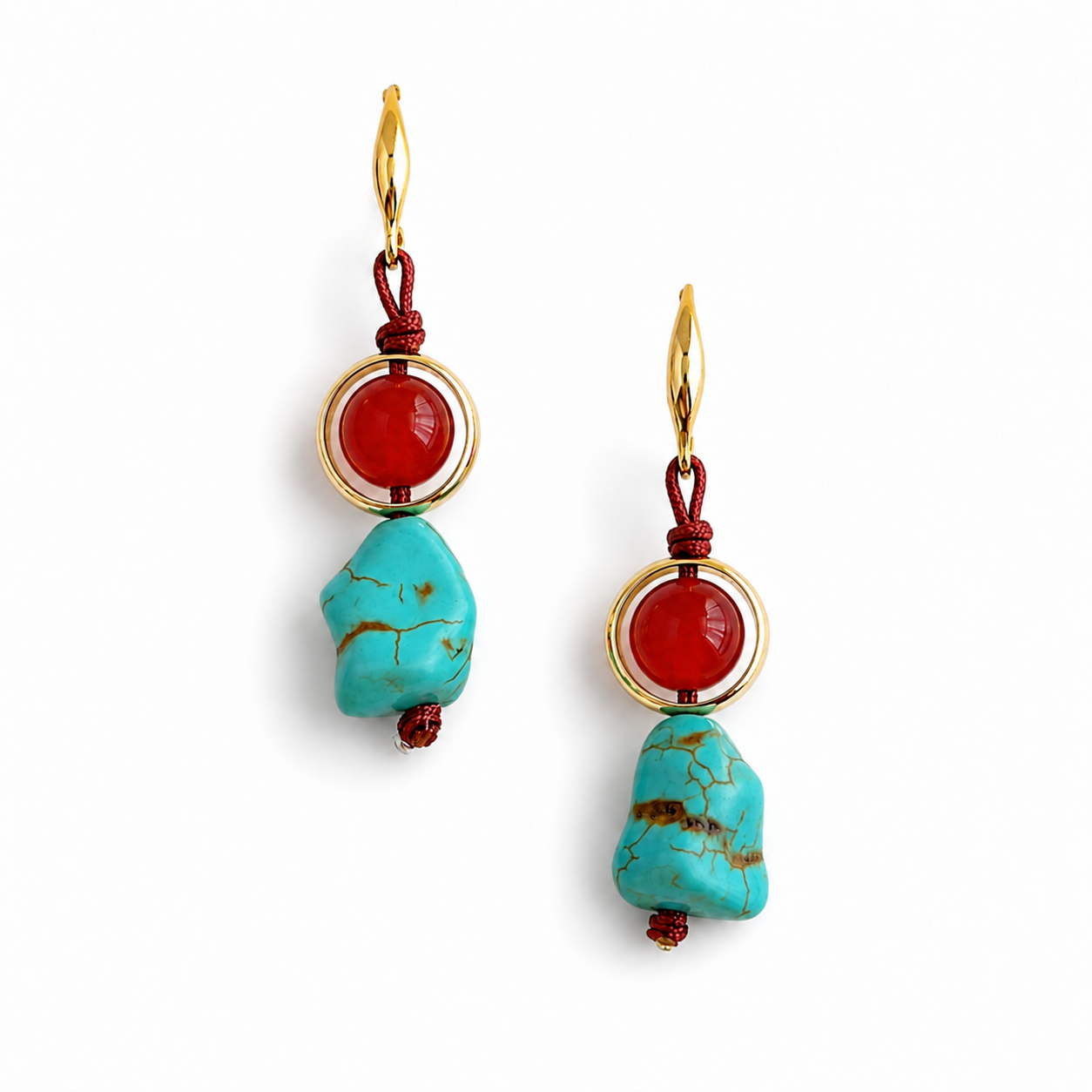 red agate and turquoise handmade earrings with copper hooks on white background