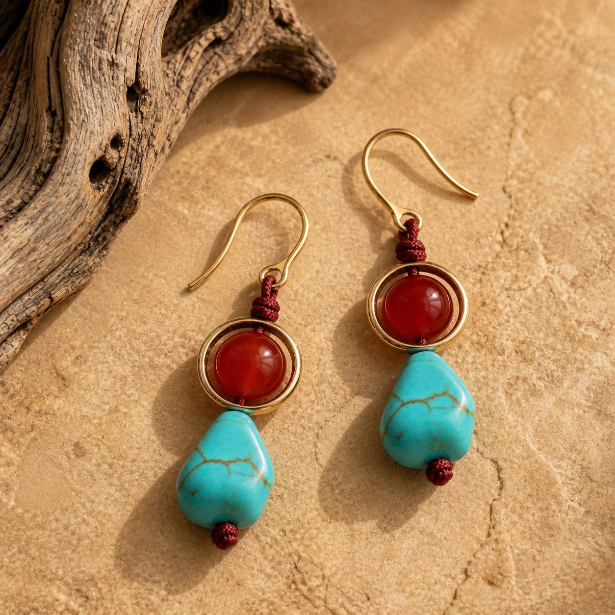 red agate and turquoise handmade earrings on natural stone background for courage and protection jewelry