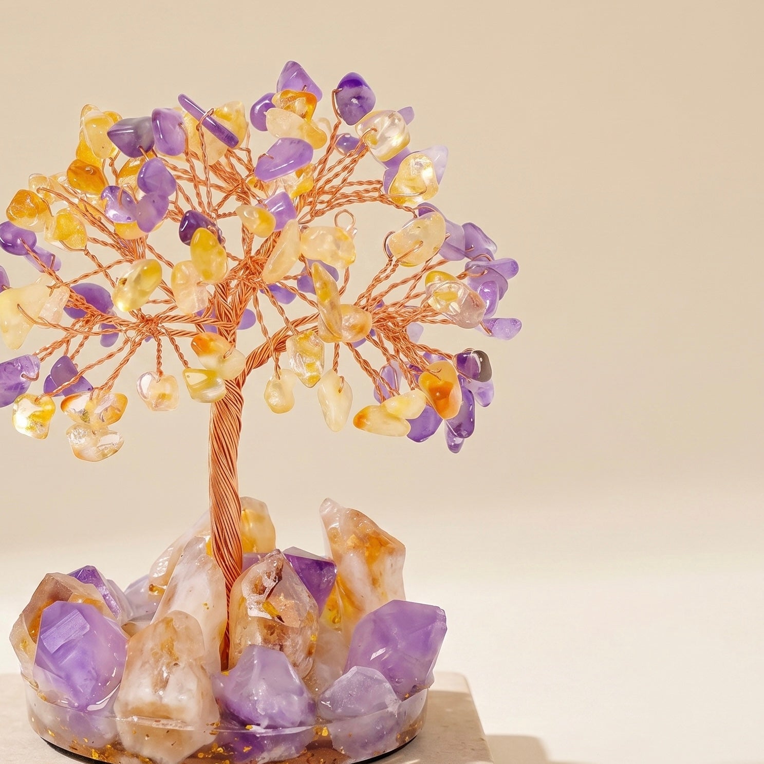 amethyst and citrine feng shui money tree with copper wire branches and natural crystal base
