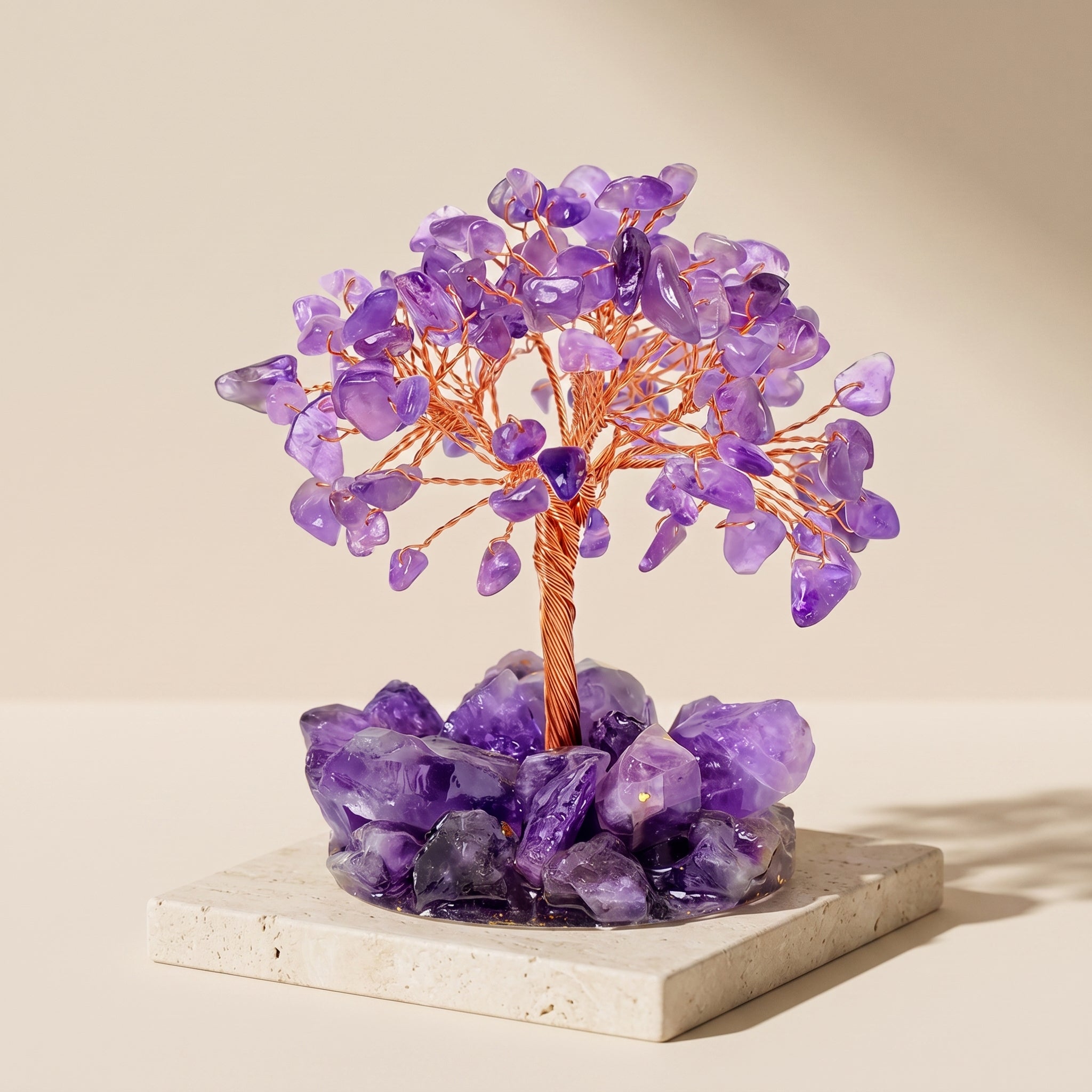 amethyst feng shui money tree with copper wire branches on a natural crystal base