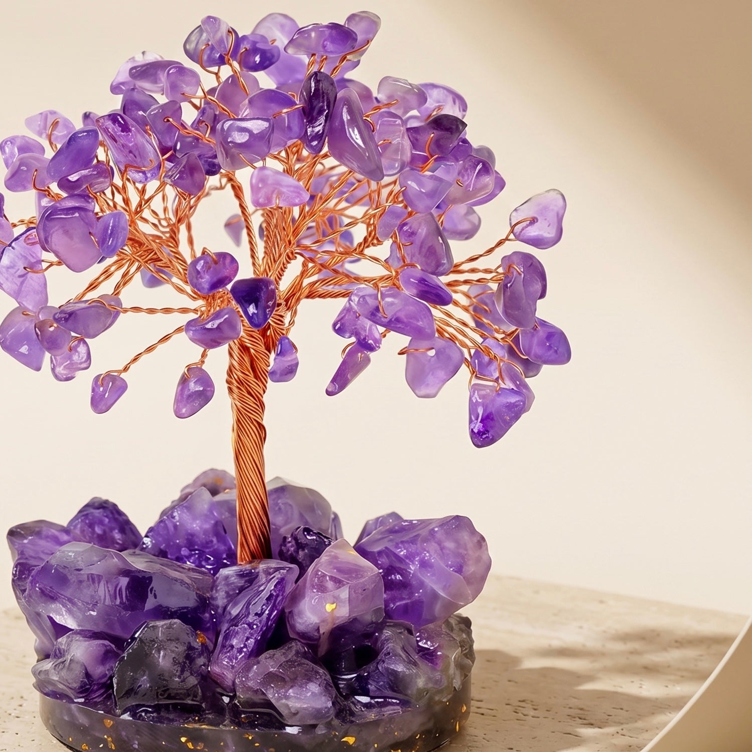 amethyst crystal money tree with natural crystal base for calm and spiritual home decor