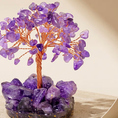 amethyst crystal money tree with natural crystal base for calm and spiritual home decor