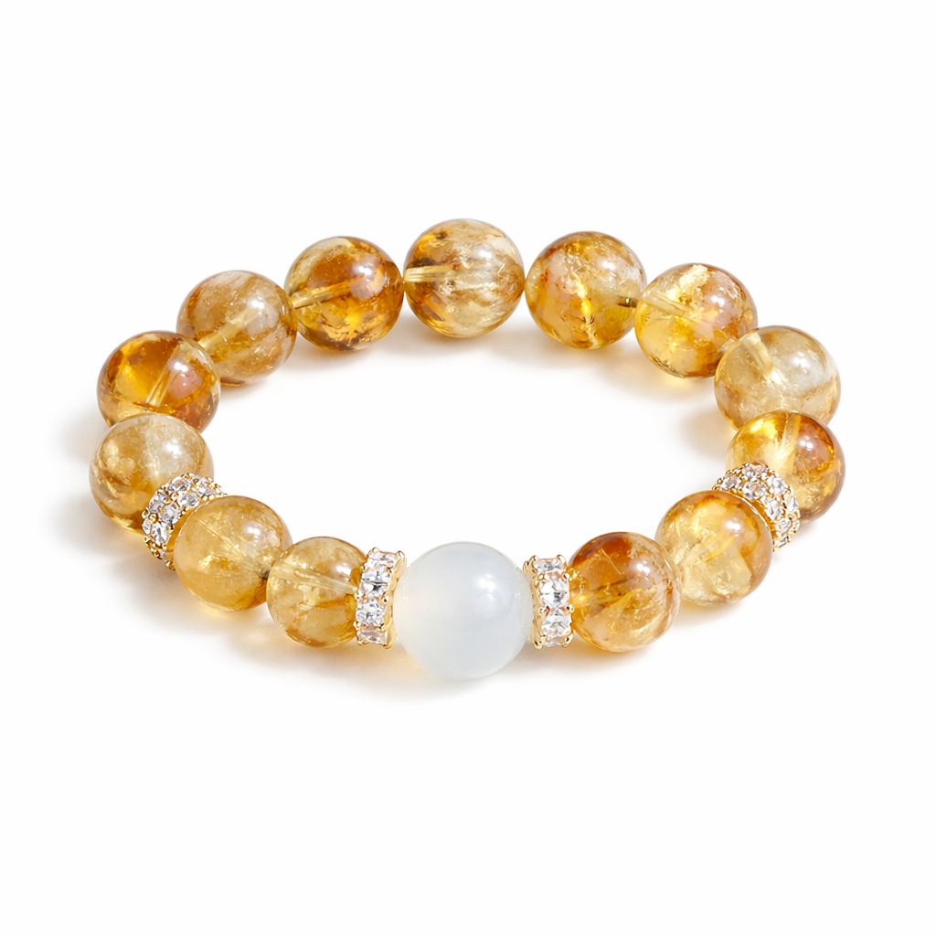 Natural citrine bracelet with golden crystal beads, white center bead and sparkling spacers for wealth, success and healing