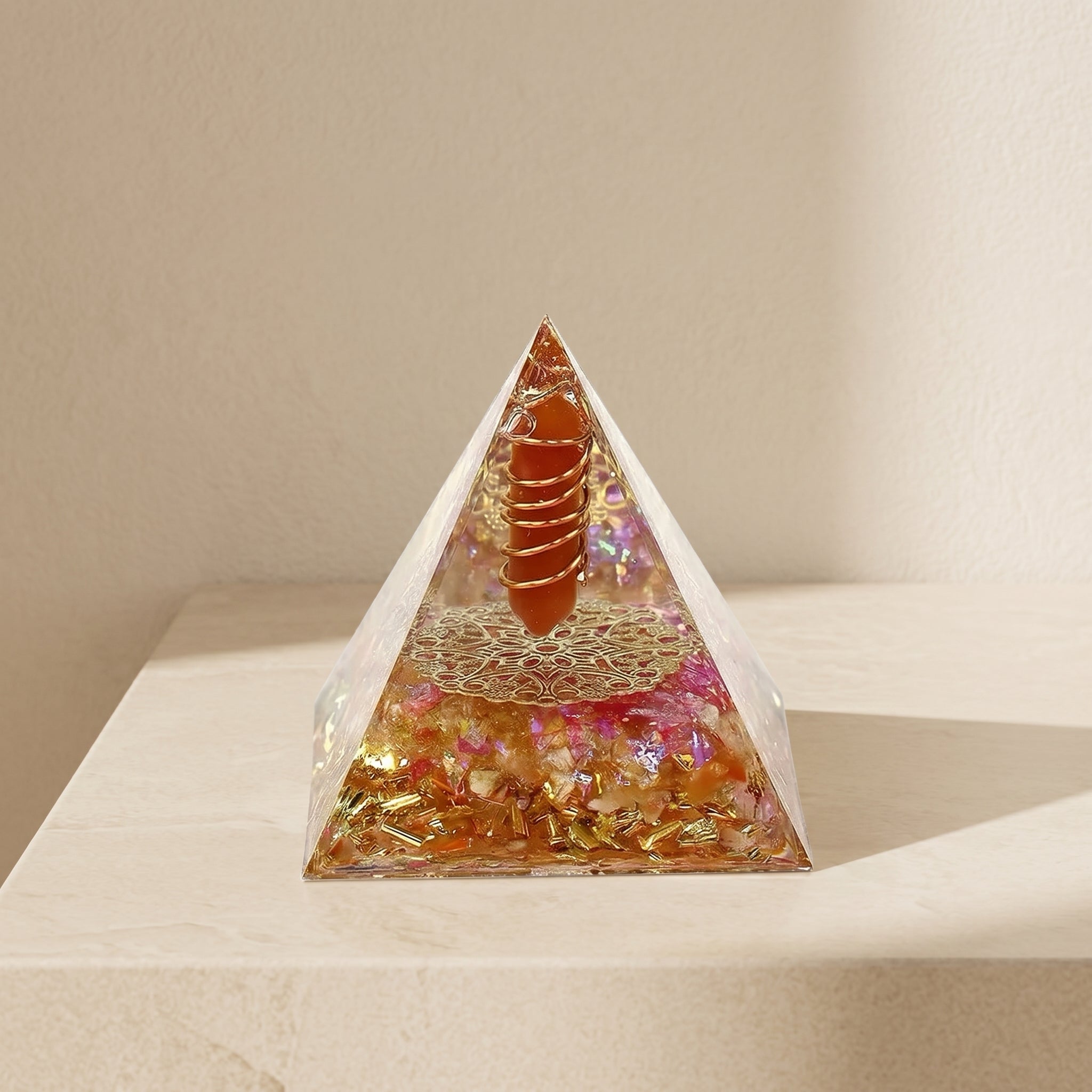 Wealth motivation success orgonite energy pyramid with orange crystal point, copper coil and gold flakes on a neutral background