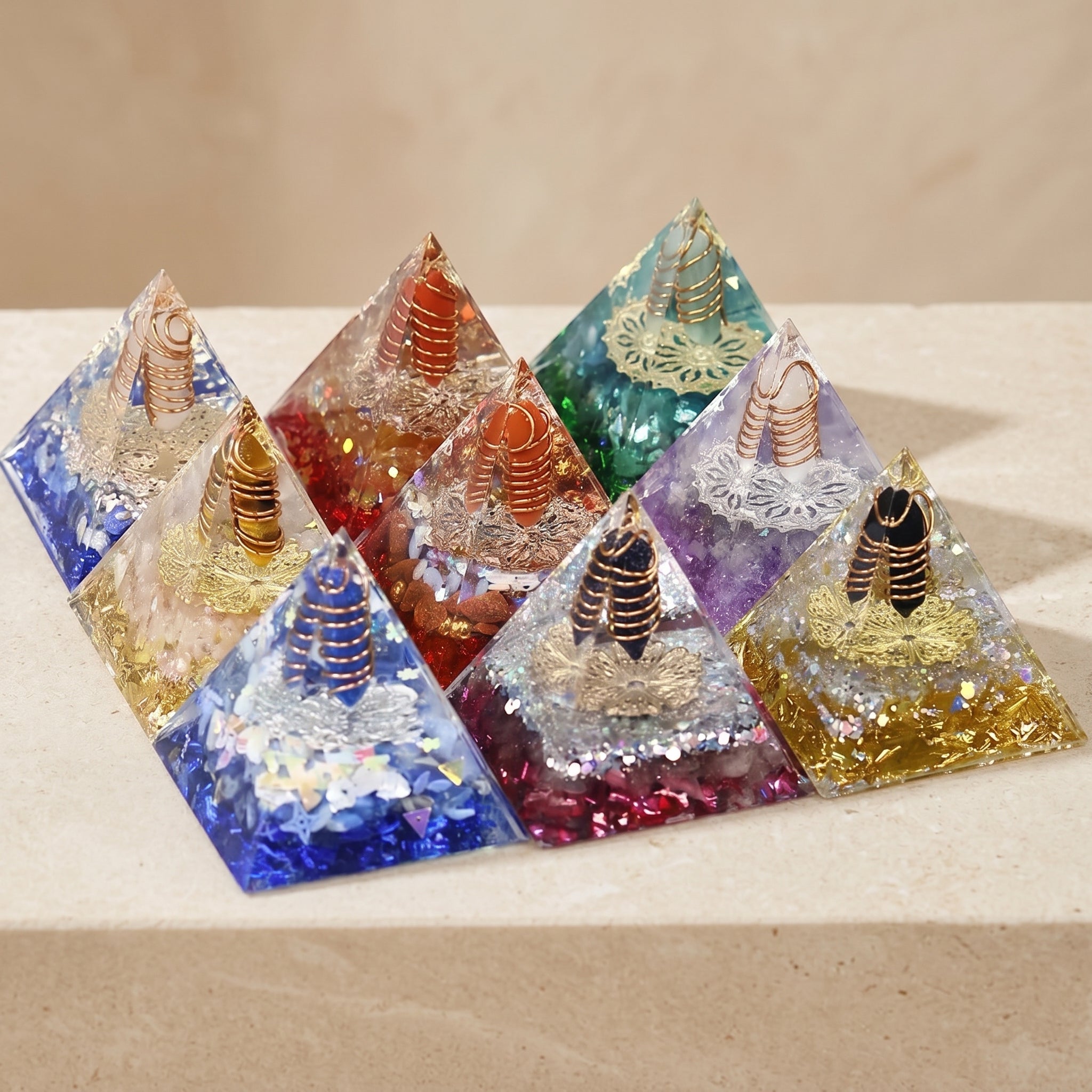 Collection of handmade orgonite energy pyramids in multiple colors with crystal points, copper coils and sparkling resin details