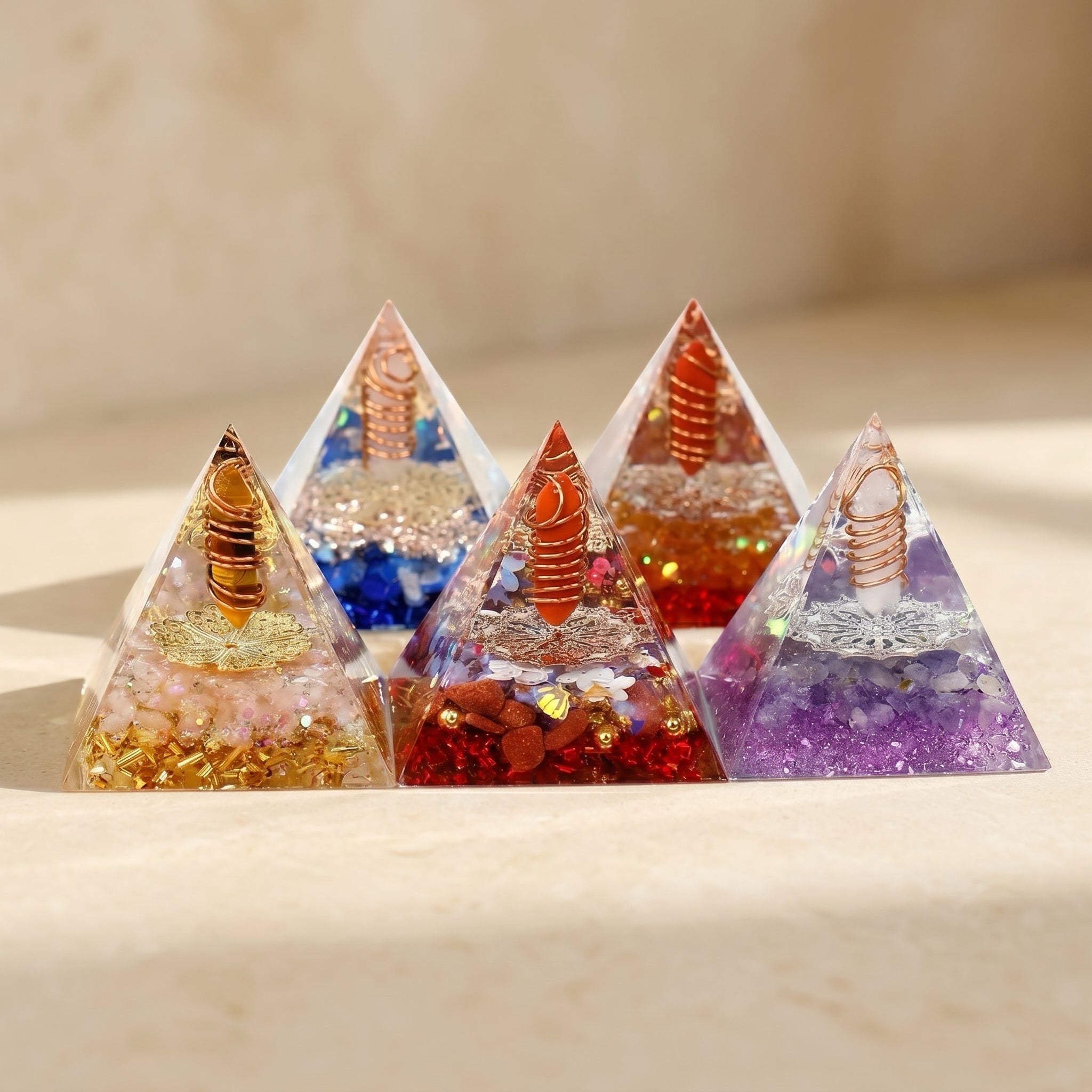 Set of orgonite energy pyramids in assorted colors with crystal points, copper coils and decorative gemstone layers on a neutral surface