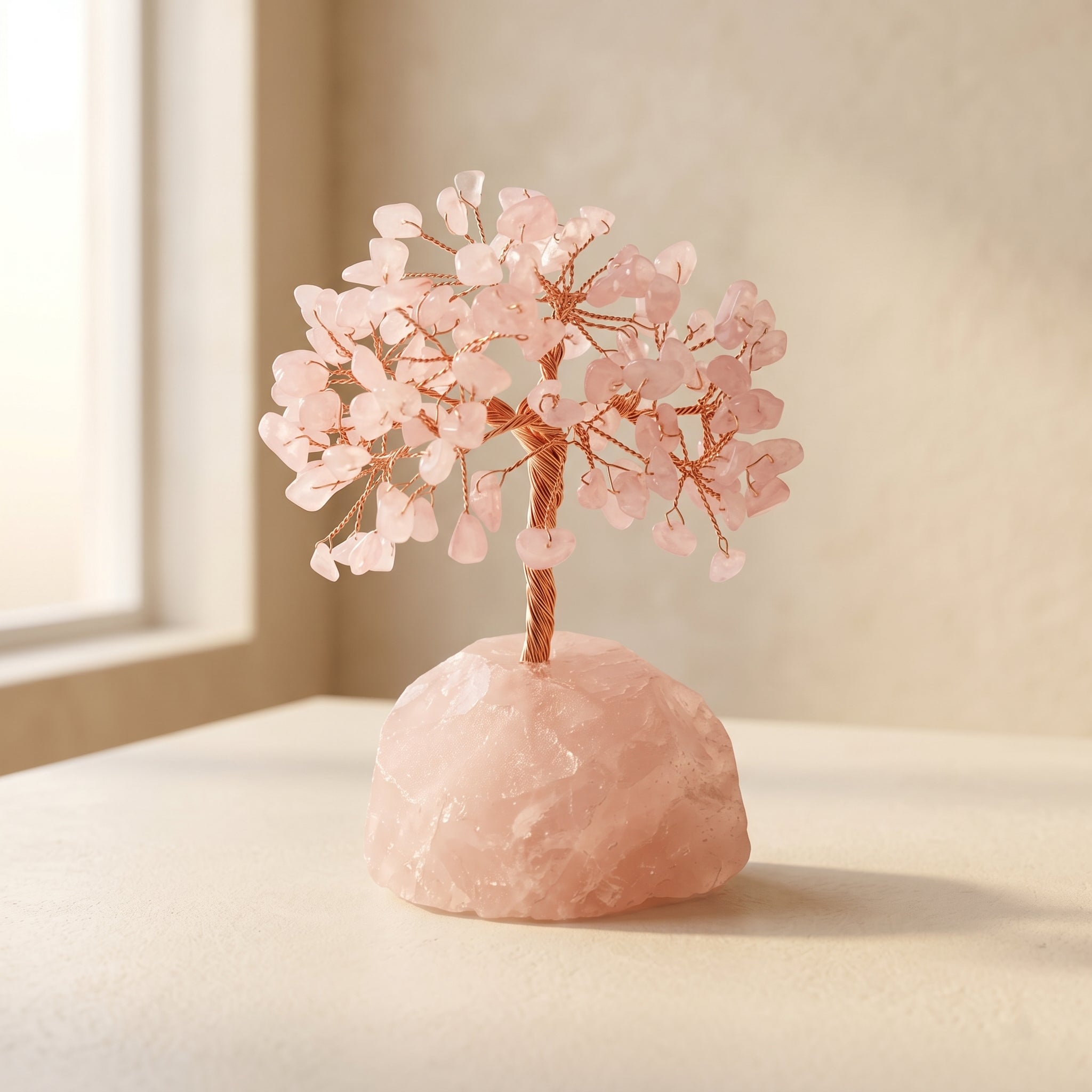 Feng shui crystal tree with rose quartz gemstone leaves and natural rose quartz base for harmony, luck and protection