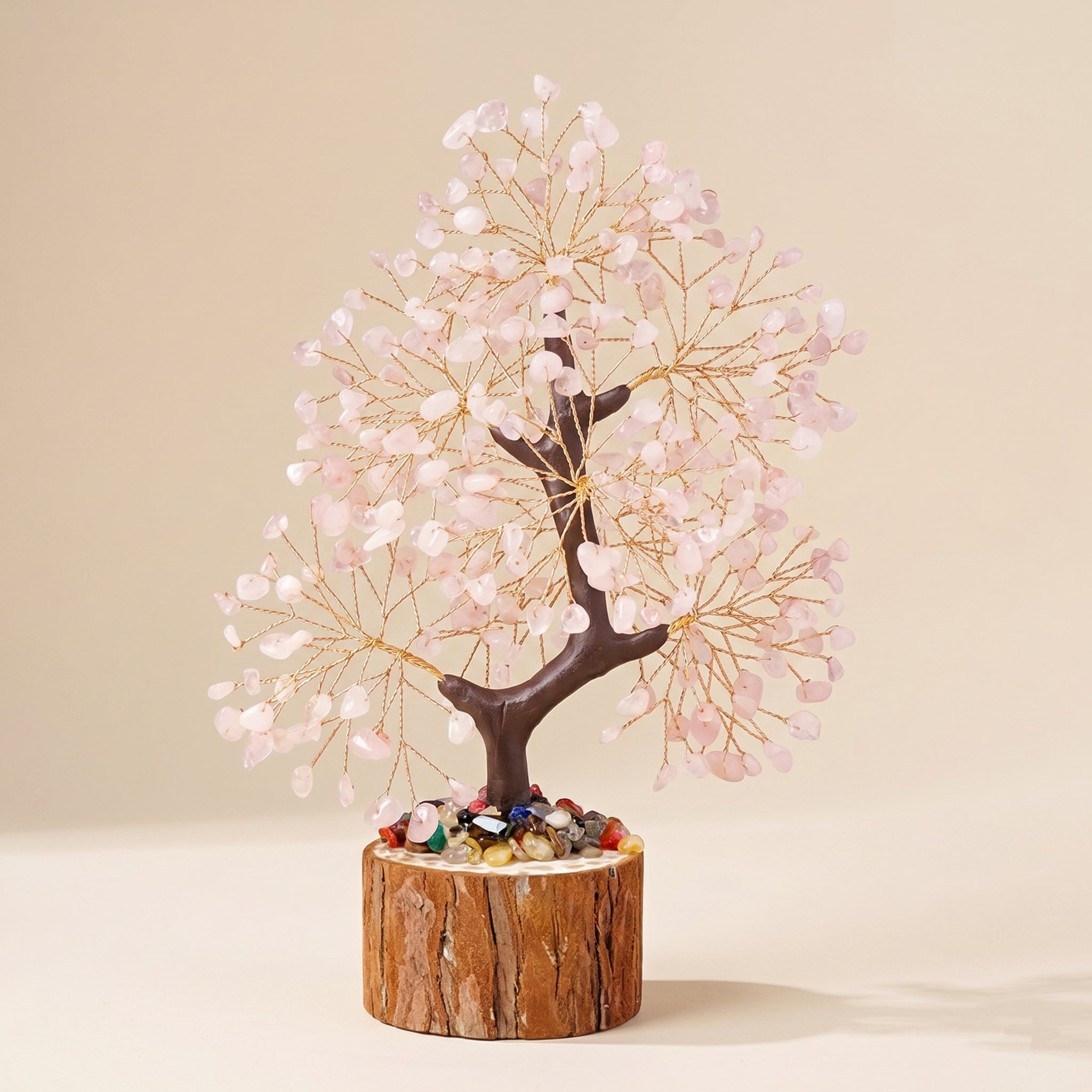 rose quartz feng shui crystal tree with wooden base for love harmony and emotional warmth