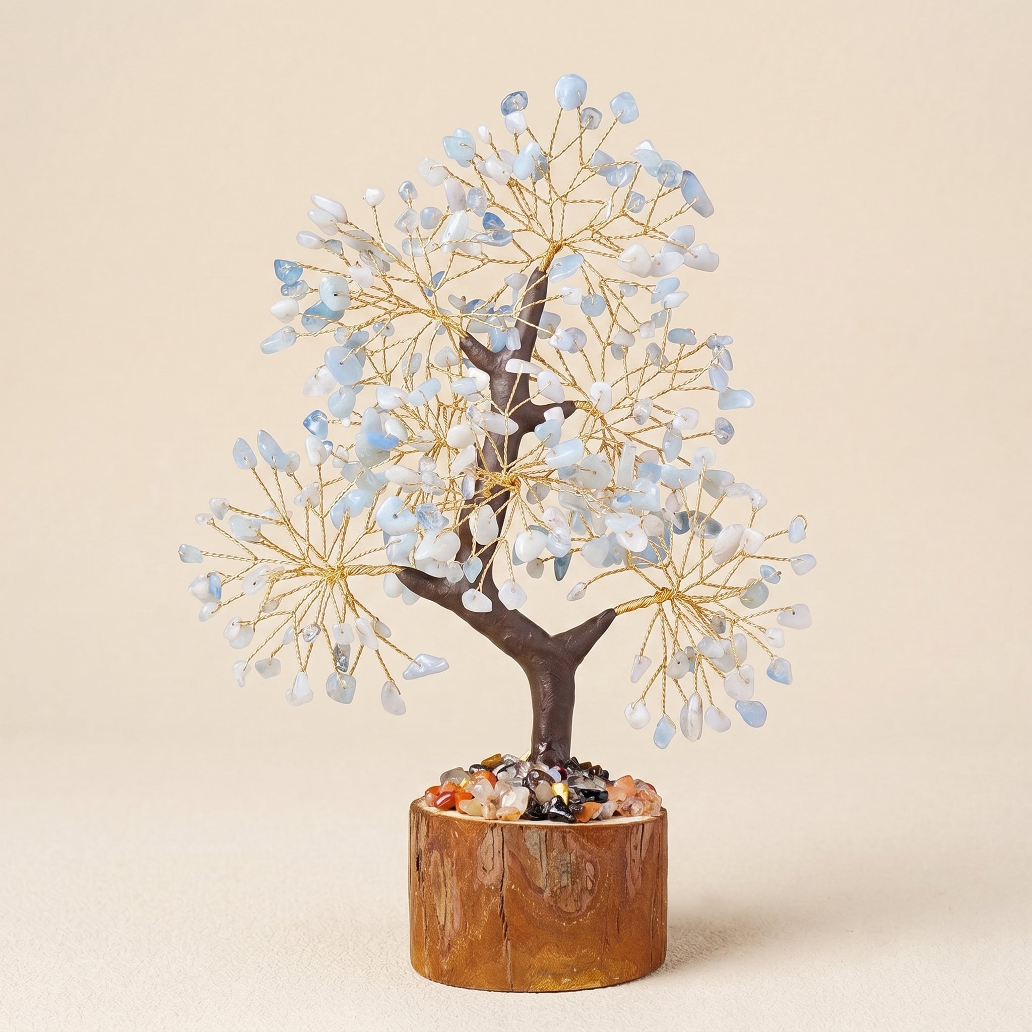 aquamarine feng shui crystal tree with wooden base for calm communication and clarity