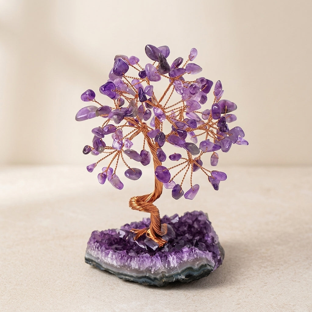 Amethyst feng shui crystal tree with polished purple gemstone leaves on a natural amethyst cluster base