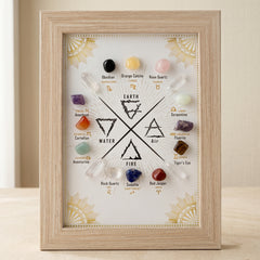 zodiac crystal display frame with twelve astrology signs and natural healing stones in wooden frame