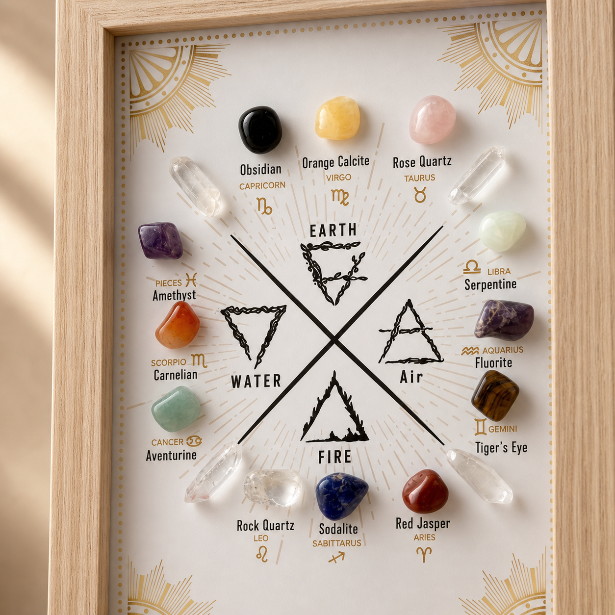 zodiac crystal display frame close up showing zodiac signs gemstones and elemental energy design