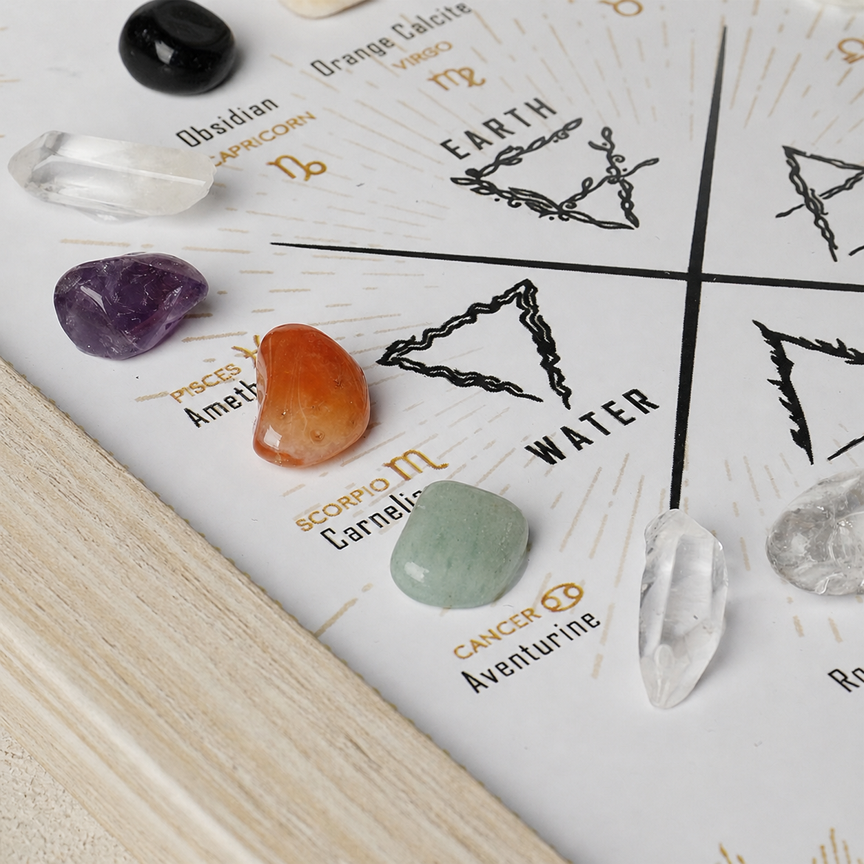 zodiac crystal display frame close up with natural gemstones and astrology symbols for cosmic healing energy decor