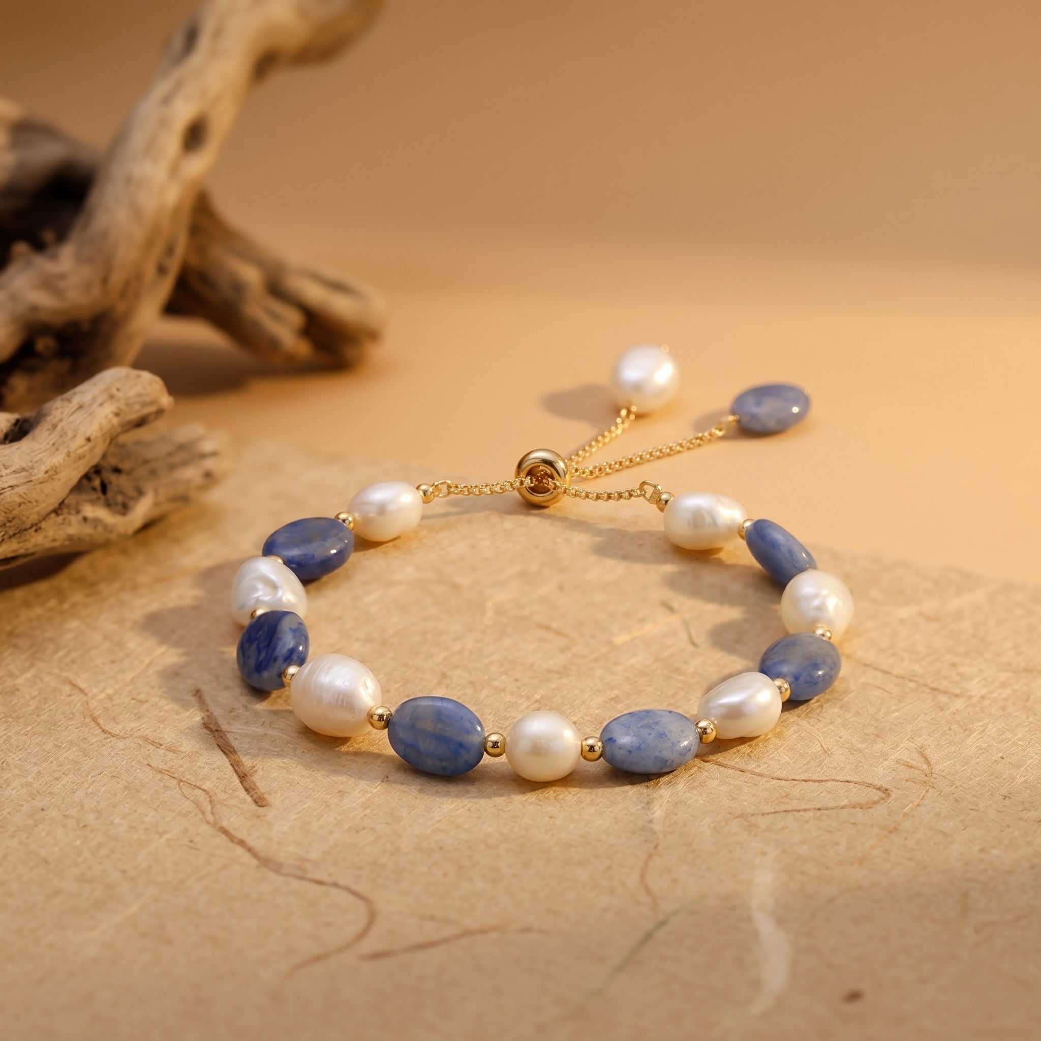 Blue aventurine and freshwater pearl bracelet with adjustable gold chain clasp on a warm neutral background