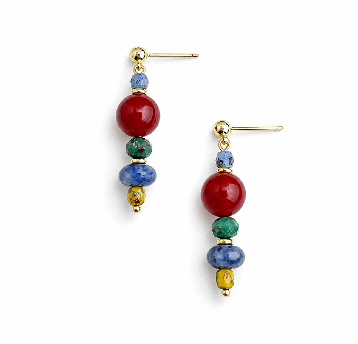 red agate and sodalite handmade earrings with copper ear pins on white background
