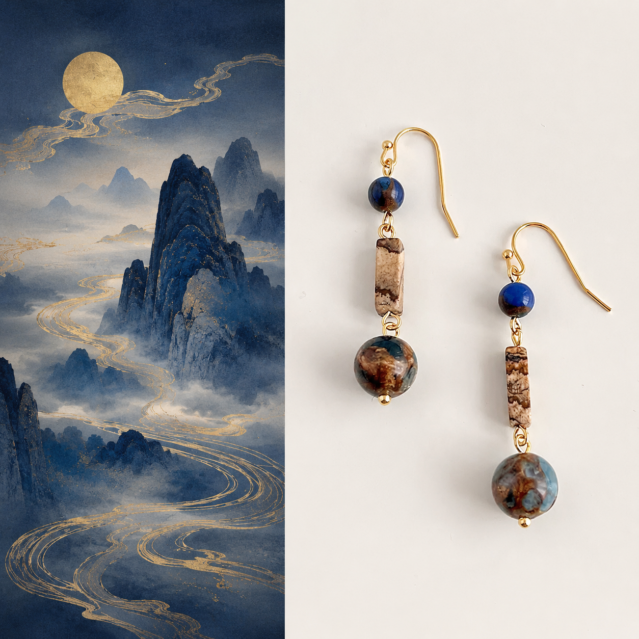 lapis lazuli handmade earrings inspired by misty blue mountains golden moonlight and inner vision energy