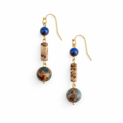 lapis lazuli handmade earrings with copper ear hooks on white background