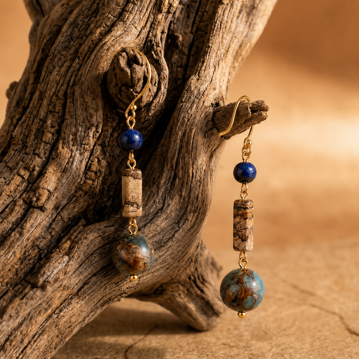 lapis lazuli drop earrings displayed on natural driftwood for earthy spiritual jewelry